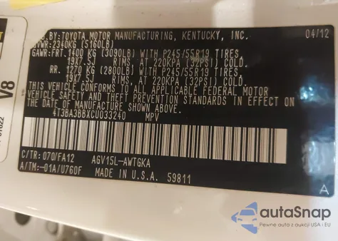 2012 Toyota Venza Le из США, поврежденный, VIN 4T3BA3BBXCU033240